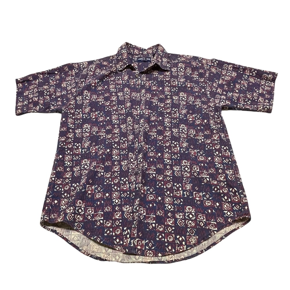 Mens American Blue Button‎ Up Shirt Large Blue Geometric Abstract Cotton USA